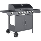 Outsunny 6+1 Burner Gas BBQ Grill with Side Burner, Side Tables, Cabinet & Wheels – Garden Barbecue, Grey