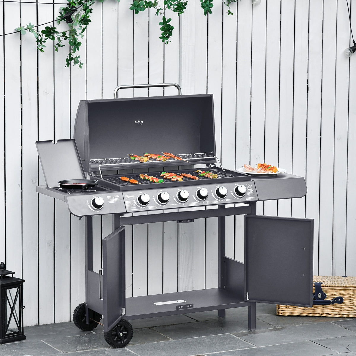 Outsunny 6+1 Burner Gas BBQ Grill with Side Burner, Side Tables, Cabinet & Wheels – Garden Barbecue, Grey