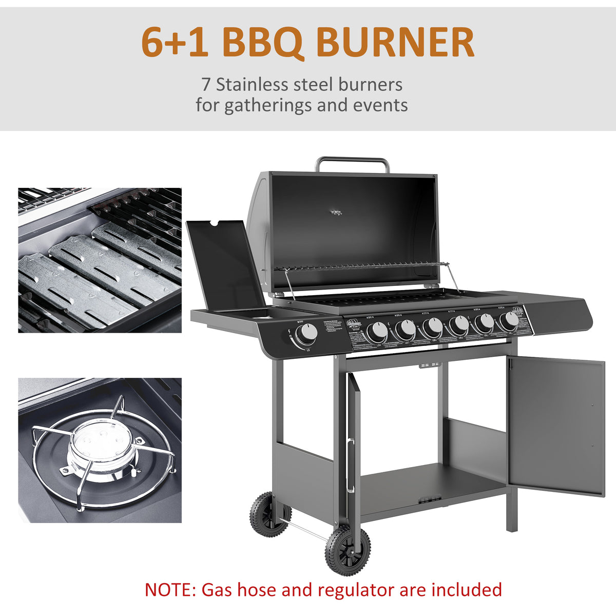 Outsunny 6+1 Burner Gas BBQ Grill with Side Burner, Side Tables, Cabinet & Wheels – Garden Barbecue, Grey