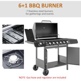 Outsunny 6+1 Burner Gas BBQ Grill with Side Burner, Side Tables, Cabinet & Wheels – Garden Barbecue, Grey