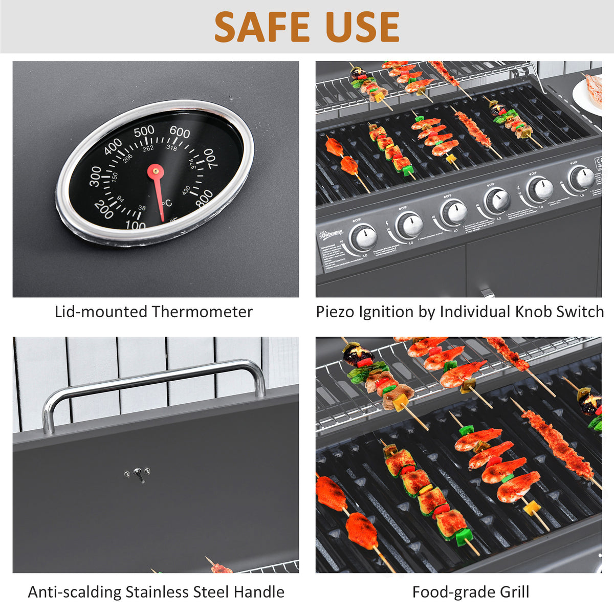 Outsunny 6+1 Burner Gas BBQ Grill with Side Burner, Side Tables, Cabinet & Wheels – Garden Barbecue, Grey