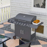 Outsunny 6+1 Burner Gas BBQ Grill with Side Burner, Side Tables, Cabinet & Wheels – Garden Barbecue, Grey