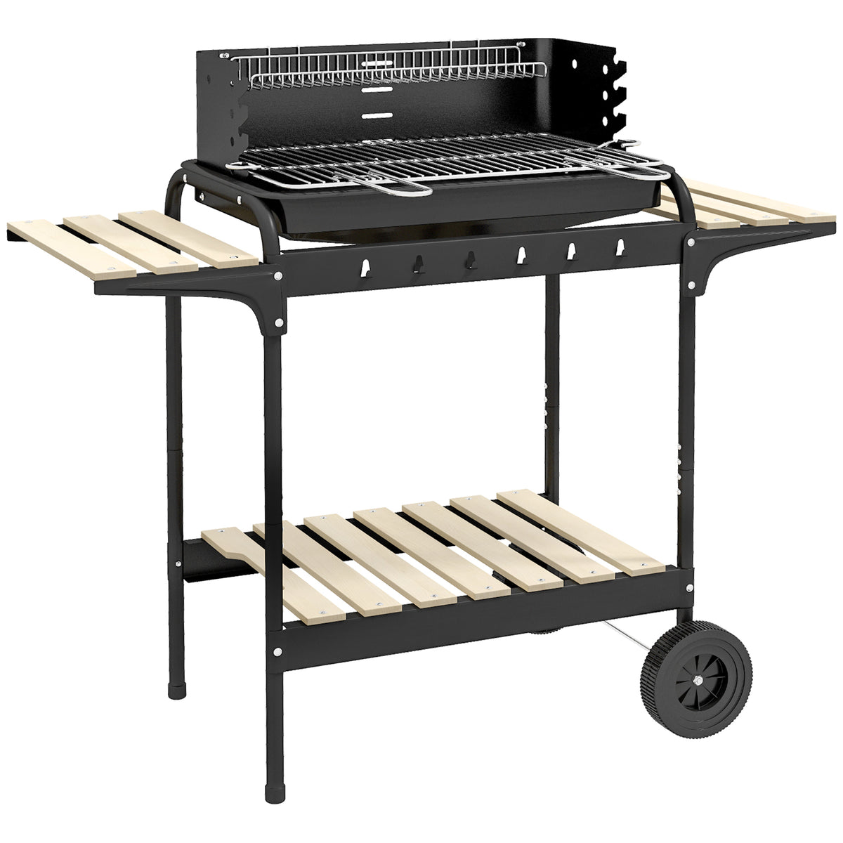 Outsunny Charcoal BBQ Grill Trolley with 5-Level Adjustable Height, Ash Catcher & Warming Rack – Black