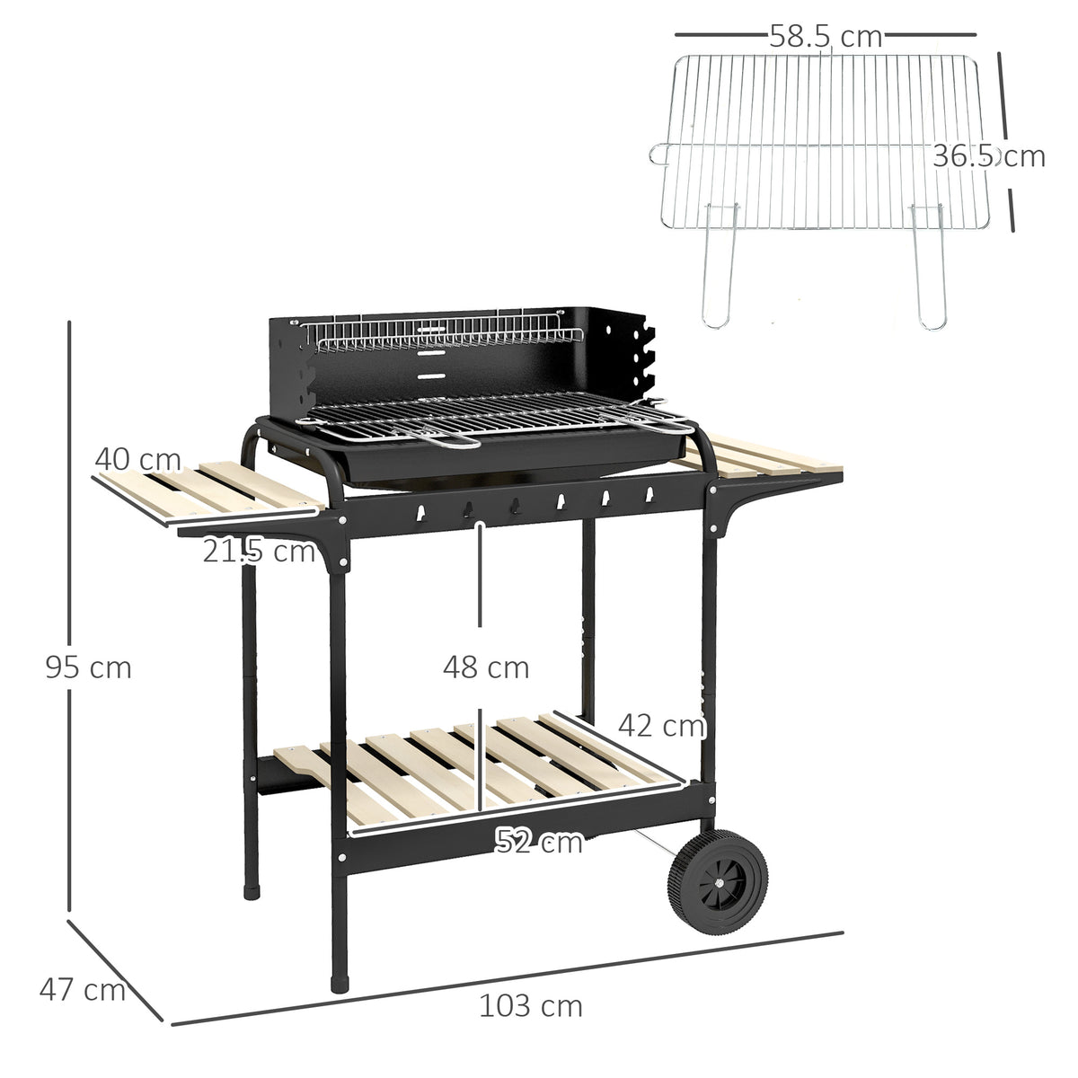 Outsunny Charcoal BBQ Grill Trolley with 5-Level Adjustable Height, Ash Catcher & Warming Rack – Black