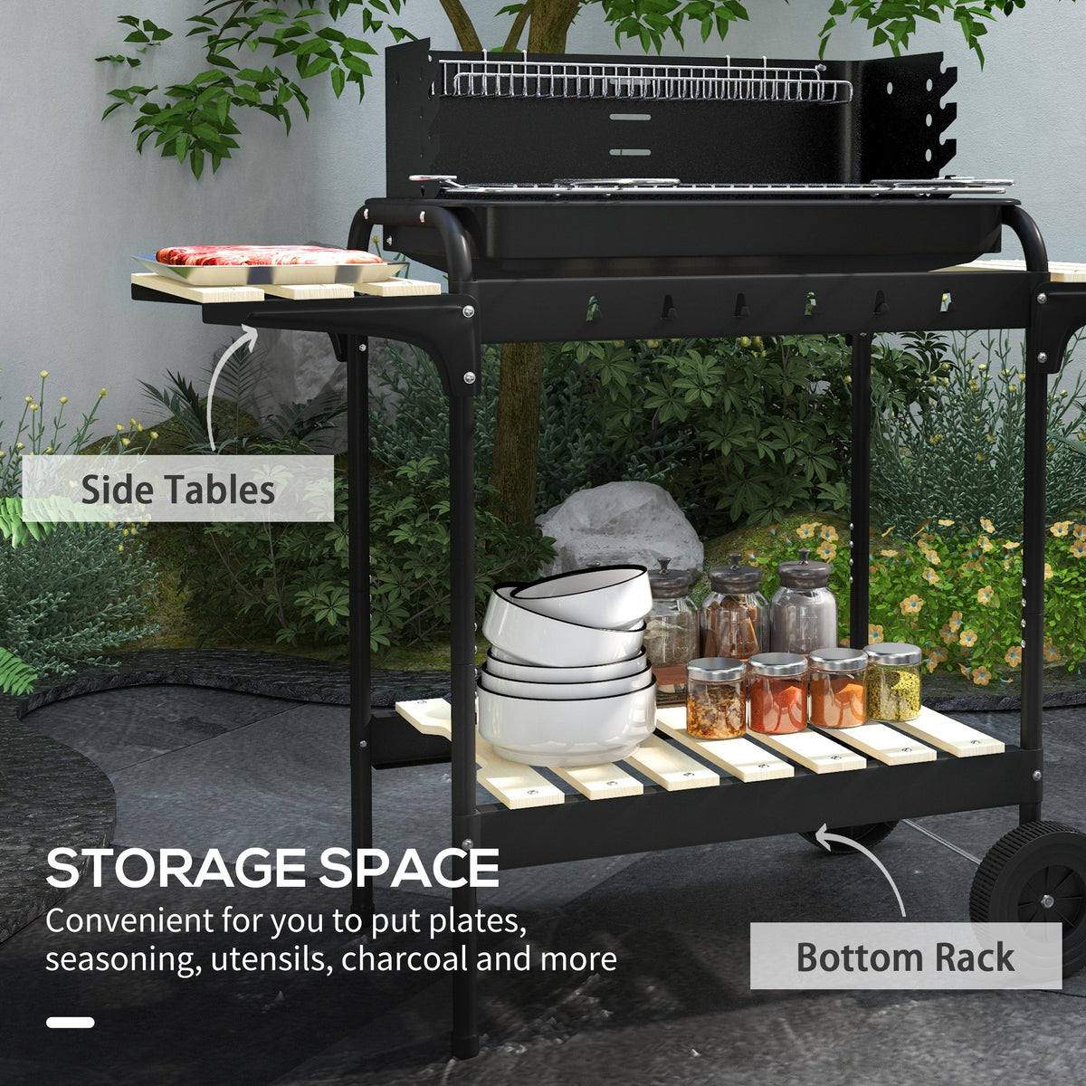 Outsunny Charcoal BBQ Grill Trolley with 5-Level Adjustable Height, Ash Catcher & Warming Rack – Black