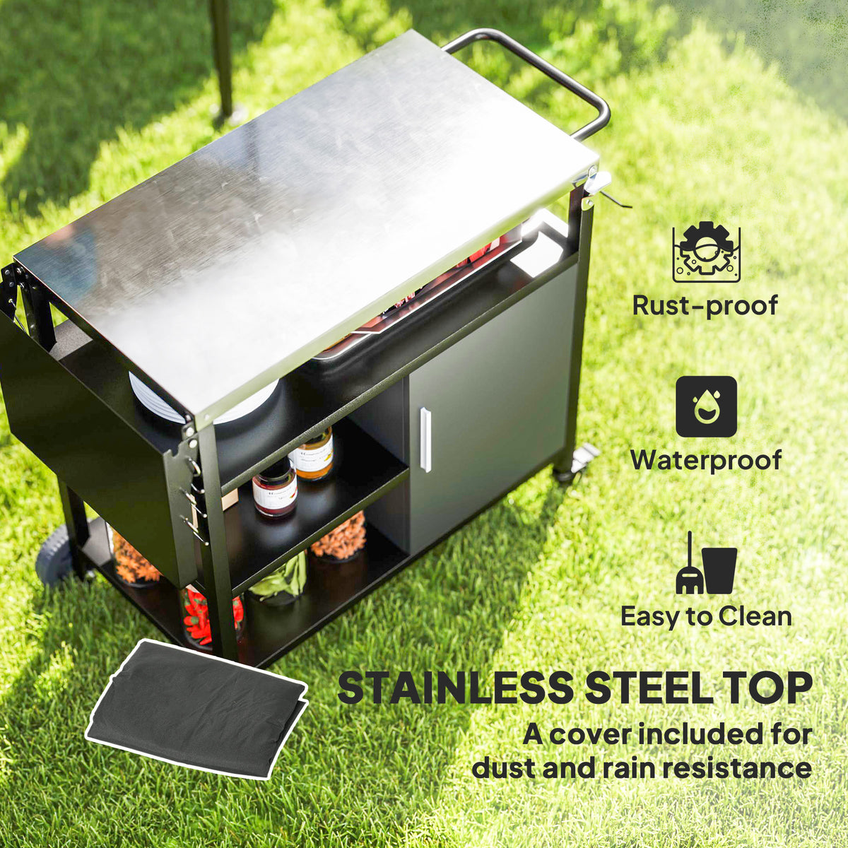 Outsunny Stainless Steel Outdoor BBQ Trolley with Foldable Side Table, Shelves & Gas Cylinder Storage, Black