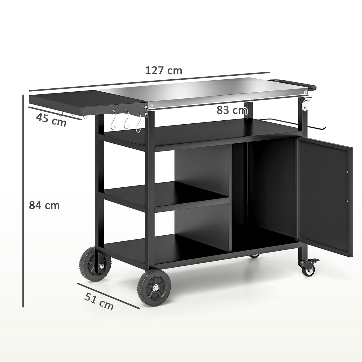 Outsunny Stainless Steel Outdoor BBQ Trolley with Foldable Side Table, Shelves & Gas Cylinder Storage, Black