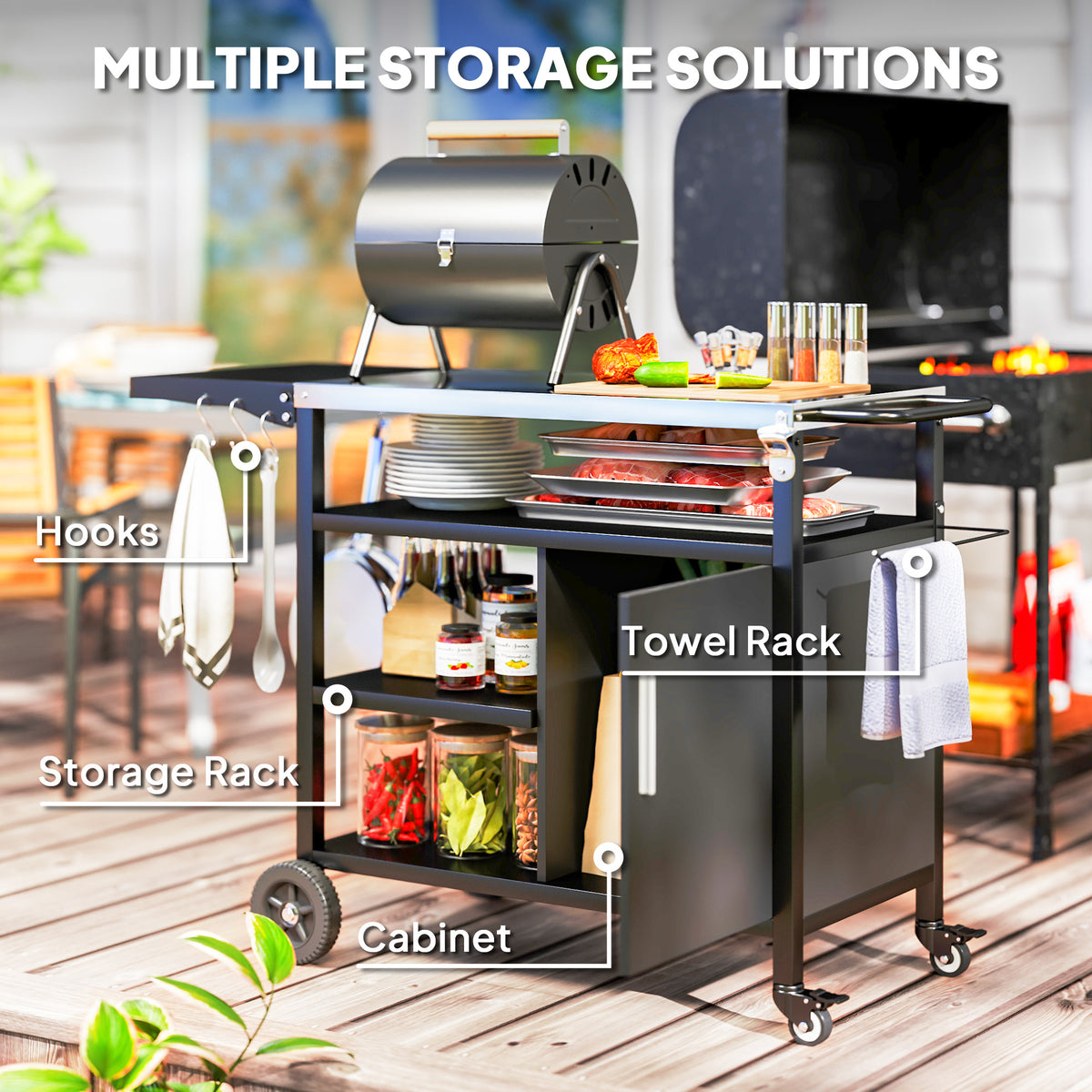 Outsunny Stainless Steel Outdoor BBQ Trolley with Foldable Side Table, Shelves & Gas Cylinder Storage, Black