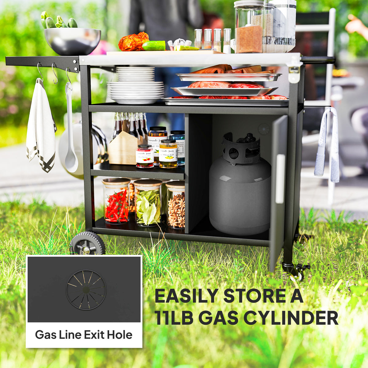 Outsunny Stainless Steel Outdoor BBQ Trolley with Foldable Side Table, Shelves & Gas Cylinder Storage, Black