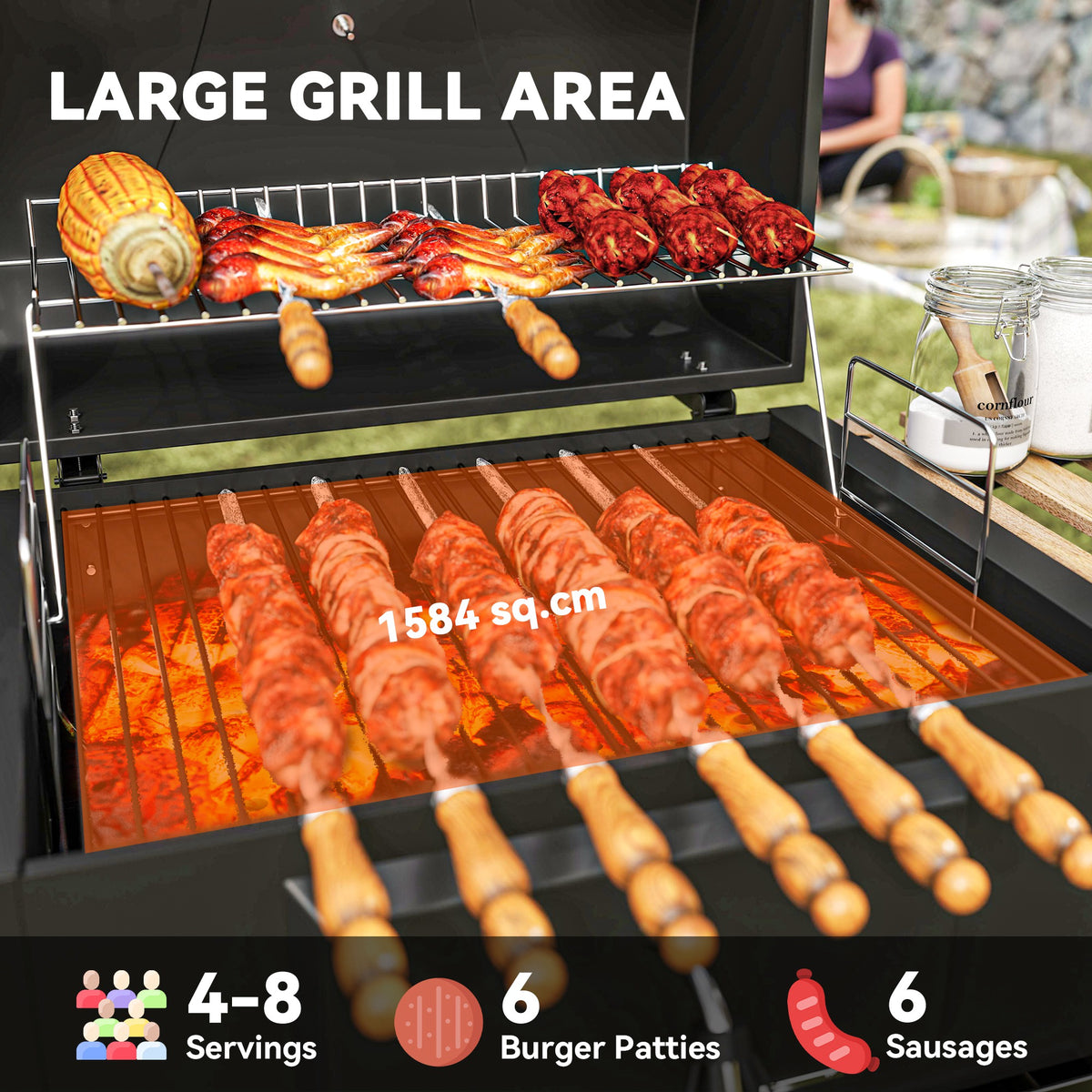 Outsunny Charcoal BBQ Grill with Warming Rack, Thermometer, Side Shelves & Wheels – Garden Barbecue