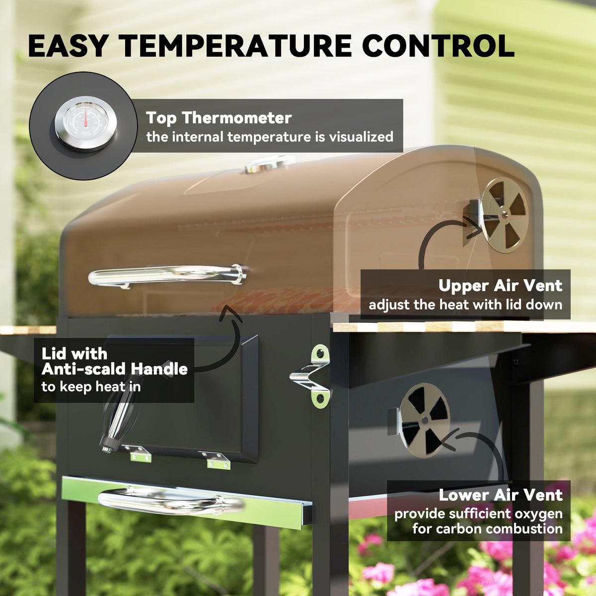 Outsunny Charcoal BBQ Grill with Warming Rack, Thermometer, Side Shelves & Wheels – Garden Barbecue
