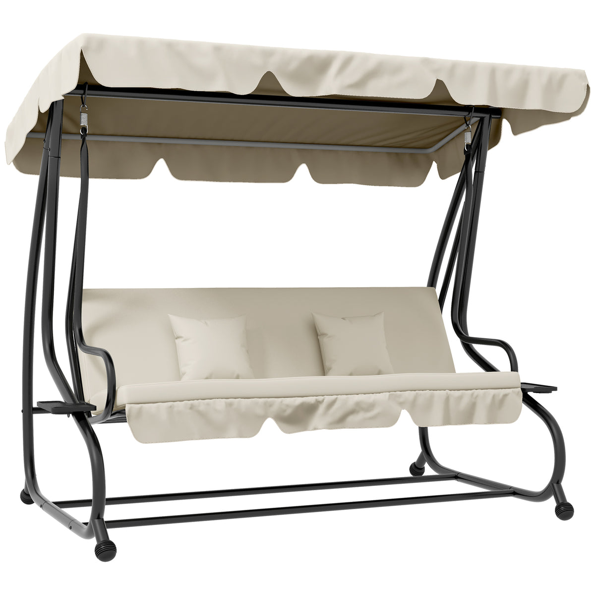 Outsunny 2-in-1 3-Seater Garden Swing Chair with Adjustable Canopy & Side Trays – Converts to Bed, Cream White