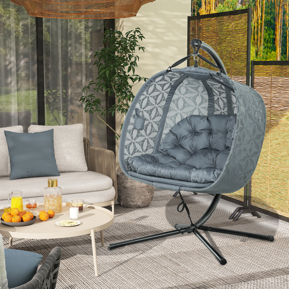 Outsunny Double Hanging Swing Chair with Stand & Cup Holders – 2-Seater Garden Hammock Chair, Charcoal Grey