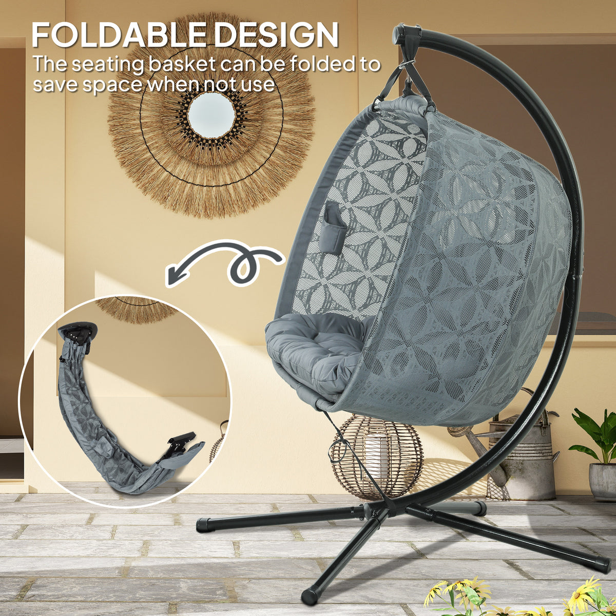 Outsunny Double Hanging Swing Chair with Stand & Cup Holders – 2-Seater Garden Hammock Chair, Charcoal Grey