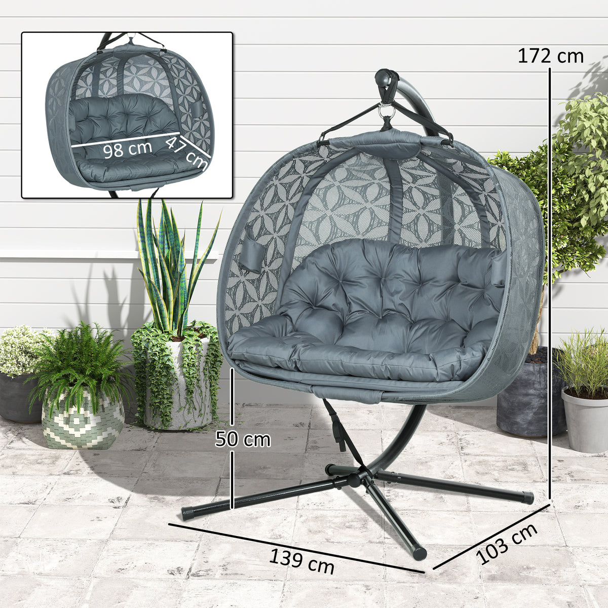 Outsunny Double Hanging Swing Chair with Stand & Cup Holders – 2-Seater Garden Hammock Chair, Charcoal Grey