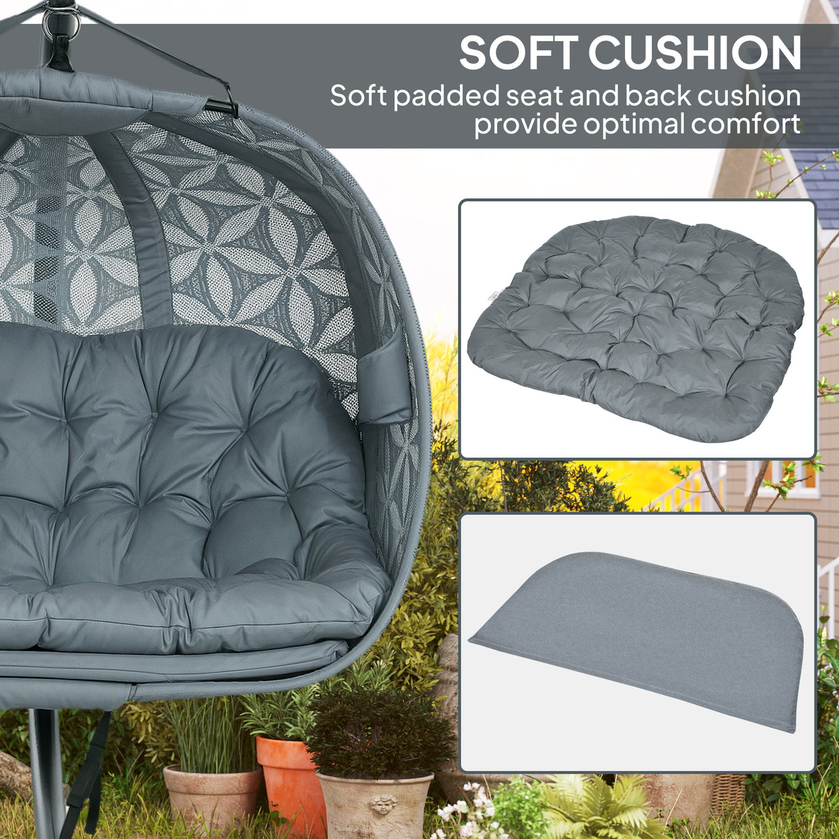 Outsunny Double Hanging Swing Chair with Stand & Cup Holders – 2-Seater Garden Hammock Chair, Charcoal Grey