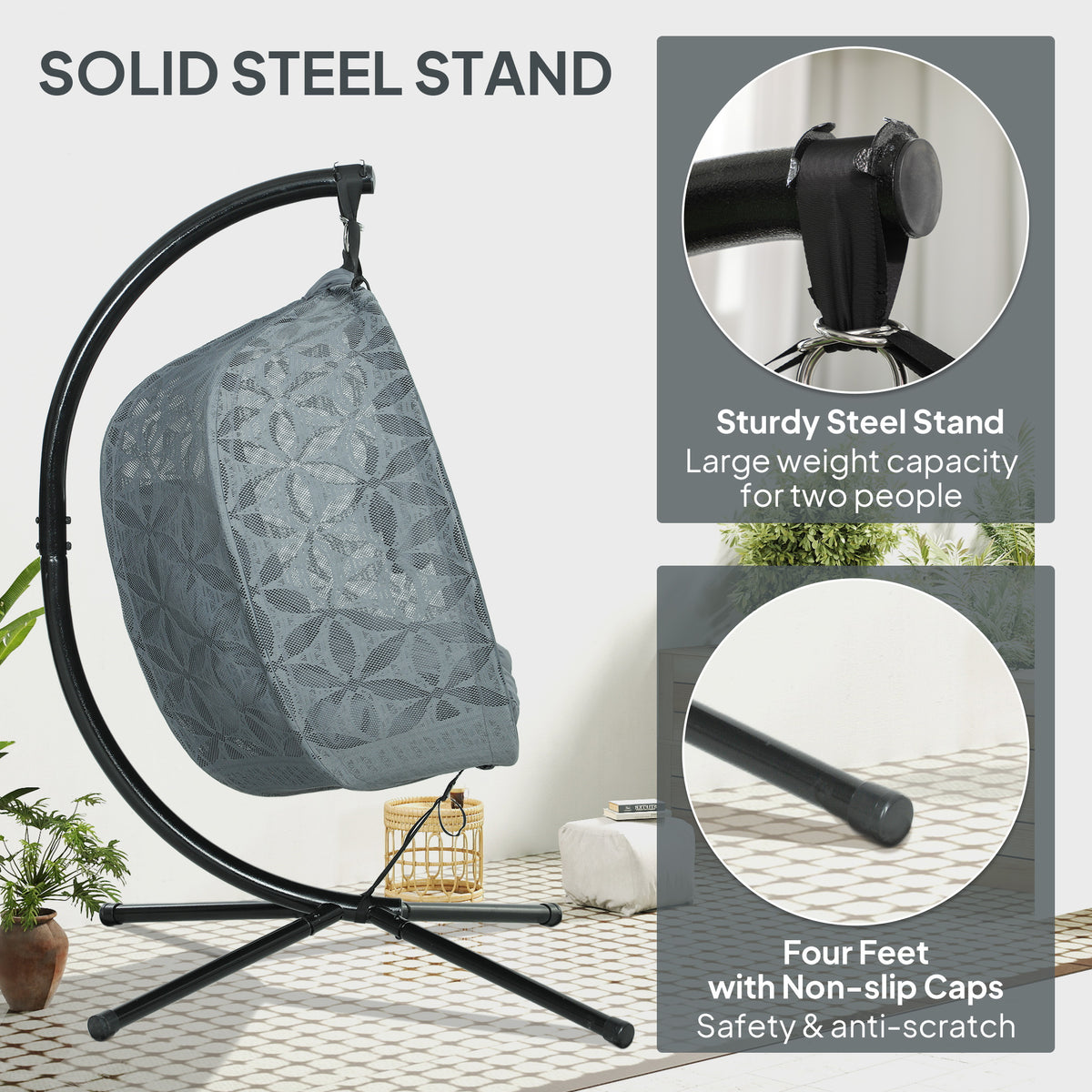 Outsunny Double Hanging Swing Chair with Stand & Cup Holders – 2-Seater Garden Hammock Chair, Charcoal Grey