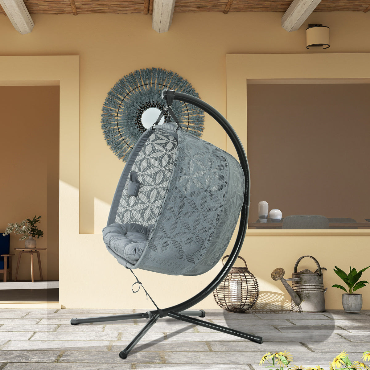 Outsunny Double Hanging Swing Chair with Stand & Cup Holders – 2-Seater Garden Hammock Chair, Charcoal Grey