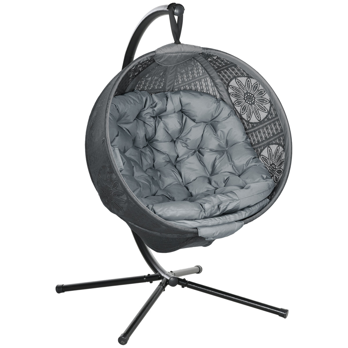 Outsunny Hanging Swing Chair with Metal Stand, Cushion & Foldable Basket – Indoor/Outdoor, Charcoal Grey