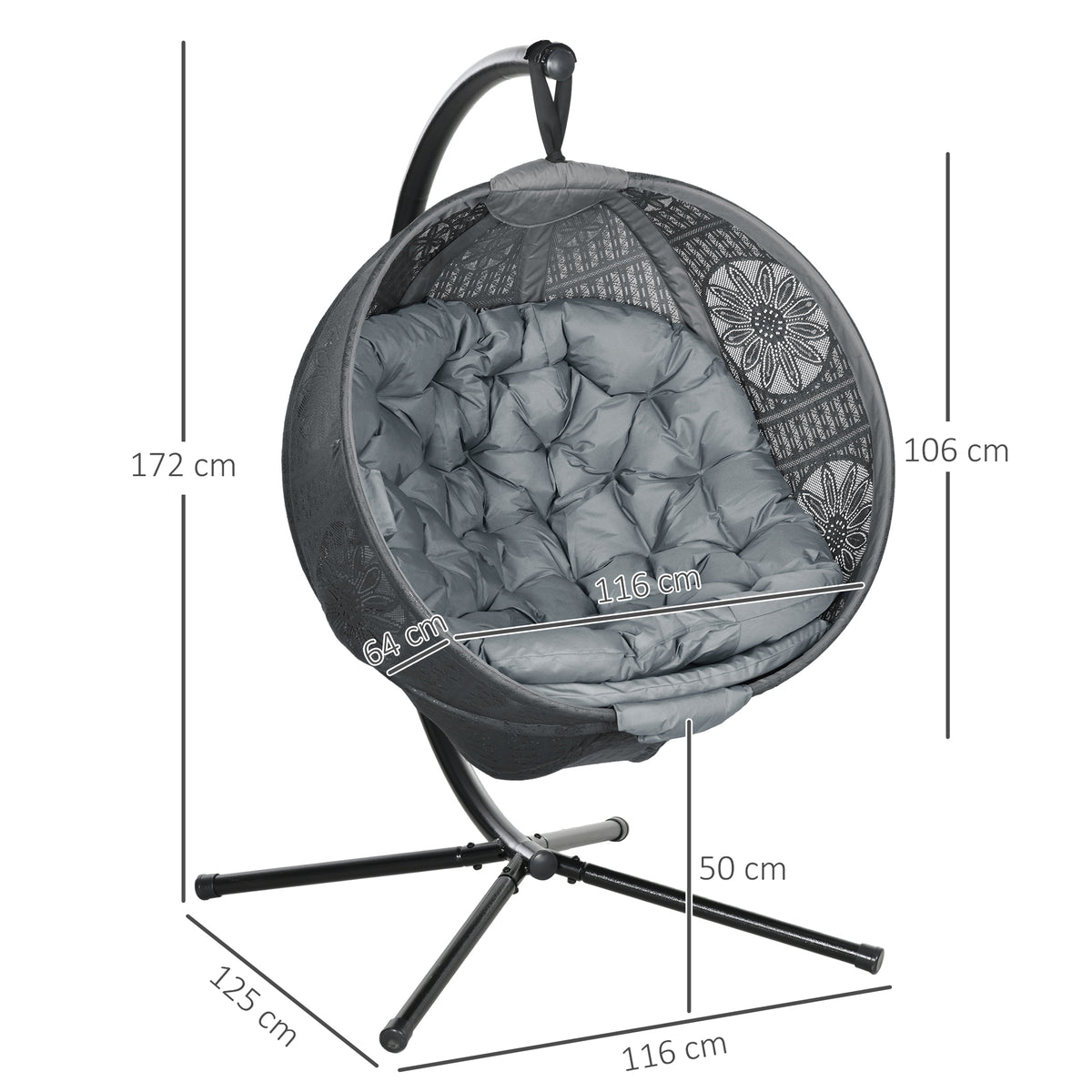 Outsunny Hanging Swing Chair with Metal Stand, Cushion & Foldable Basket – Indoor/Outdoor, Charcoal Grey