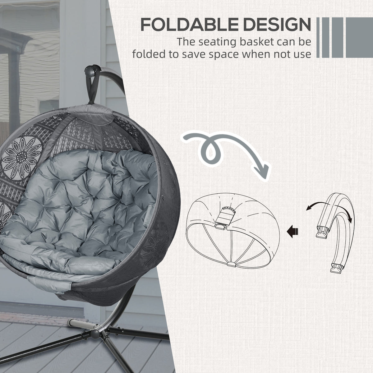 Outsunny Hanging Swing Chair with Metal Stand, Cushion & Foldable Basket – Indoor/Outdoor, Charcoal Grey