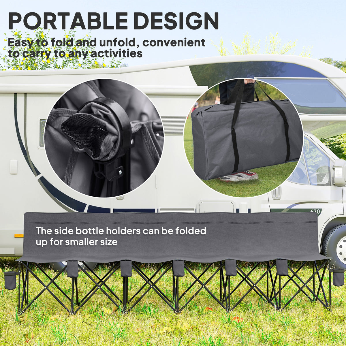 Outsunny 6 Seater Folding Bench Camping Chair with Cup Holders & Carry Case – Team Seating, Charcoal Grey
