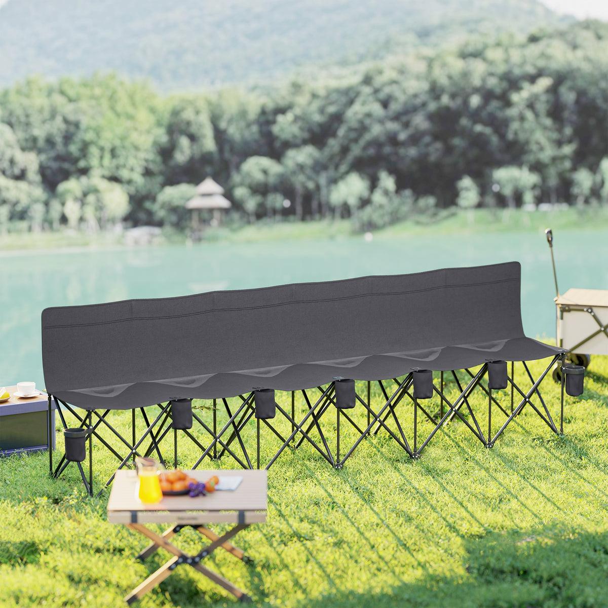Outsunny 6 Seater Folding Bench Camping Chair with Cup Holders & Carry Case – Team Seating, Charcoal Grey