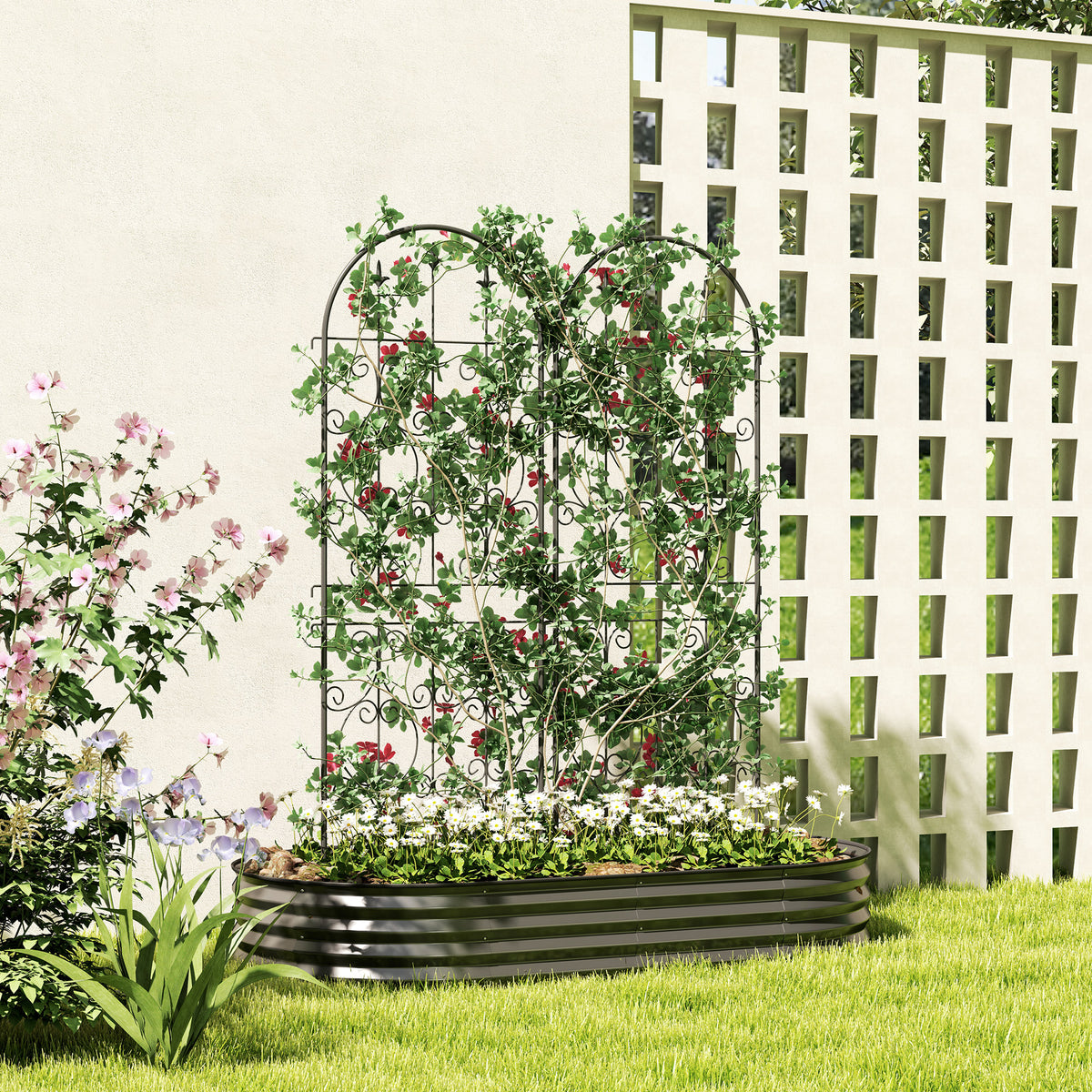 Outsunny Set of 2 Metal Garden Trellis Panels – Scrollwork Climbing Plant Support, 150 x 50cm, Black