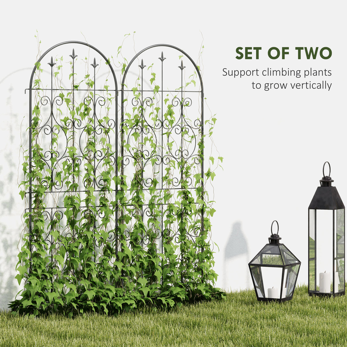 Outsunny Set of 2 Metal Garden Trellis Panels – Scrollwork Climbing Plant Support, 150 x 50cm, Black