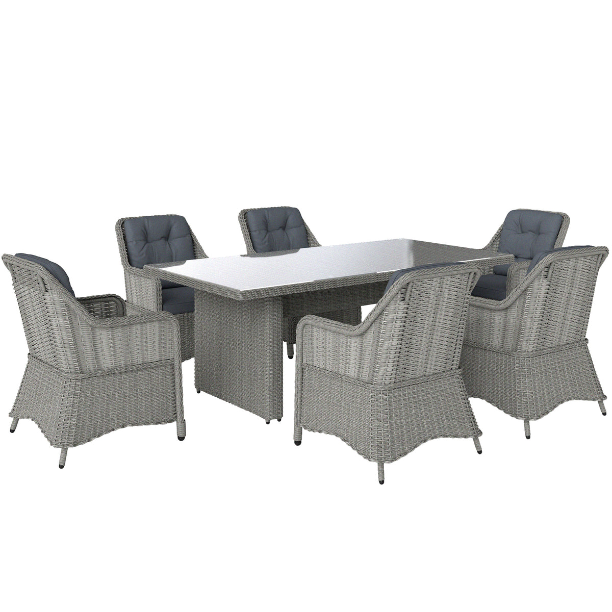 Outsunny 6-Seater Rattan Dining Set with Tempered Glass Table & Cushioned Chairs – Garden Furniture, Grey