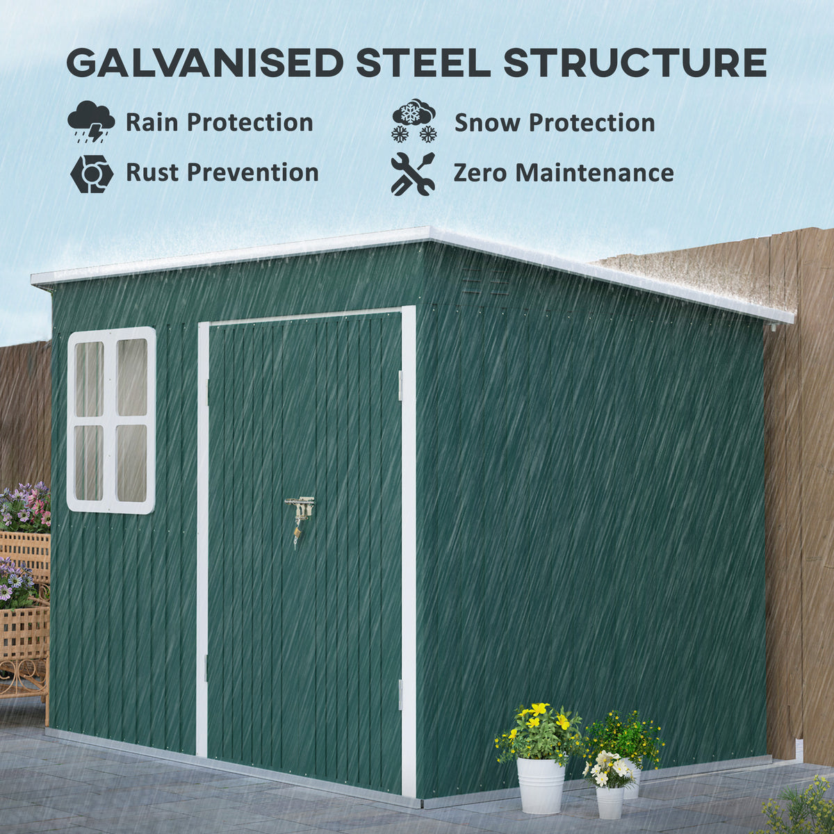 Outsunny 8.5 x 6ft Galvanised Steel Garden Shed with Double Doors, Lock & Foundation Kit – Green