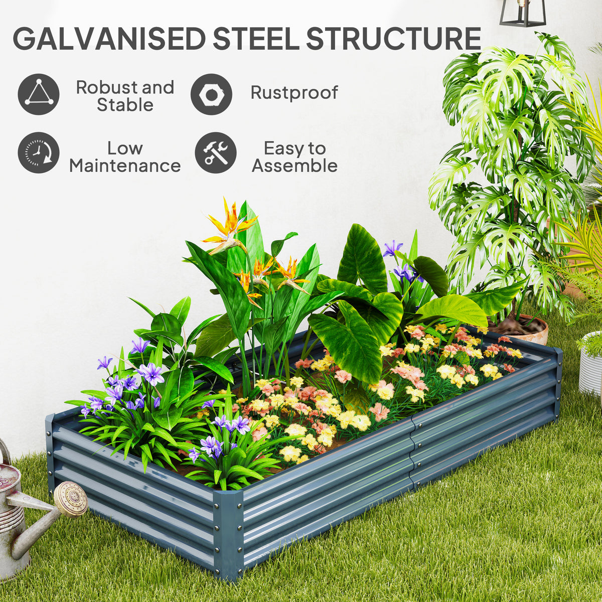 Outsunny Galvanised Steel Raised Garden Bed, 180 x 90 x 30cm – Open-Bottom Planter for Plants, Silver