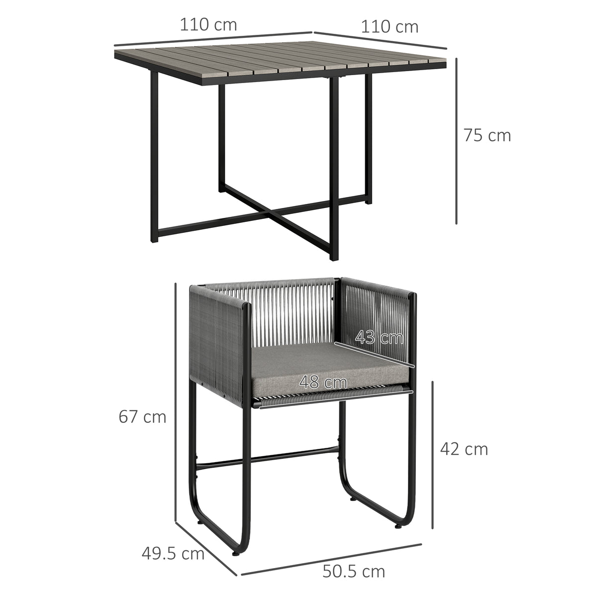 Outsunny 4-Seat Rattan Cube Dining Set with Tuck-Under Chairs & Footstools, Wood-Effect Table – Grey