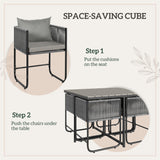 Outsunny 4-Seat Rattan Cube Dining Set with Tuck-Under Chairs & Footstools, Wood-Effect Table – Grey