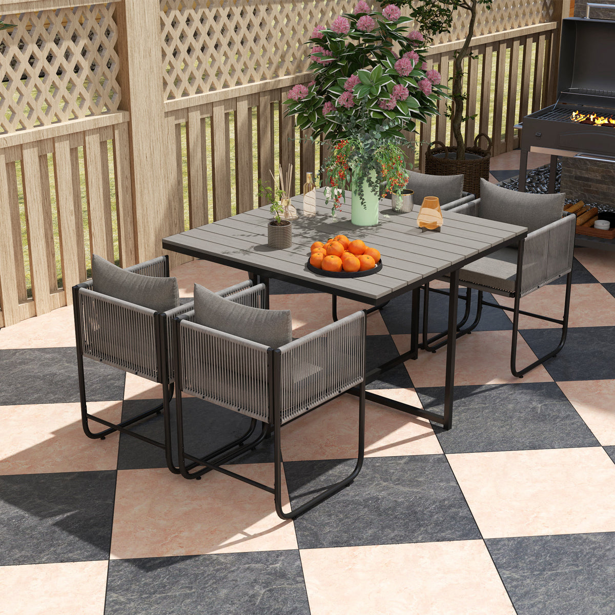 Outsunny 4-Seat Rattan Cube Dining Set with Tuck-Under Chairs & Footstools, Wood-Effect Table – Grey