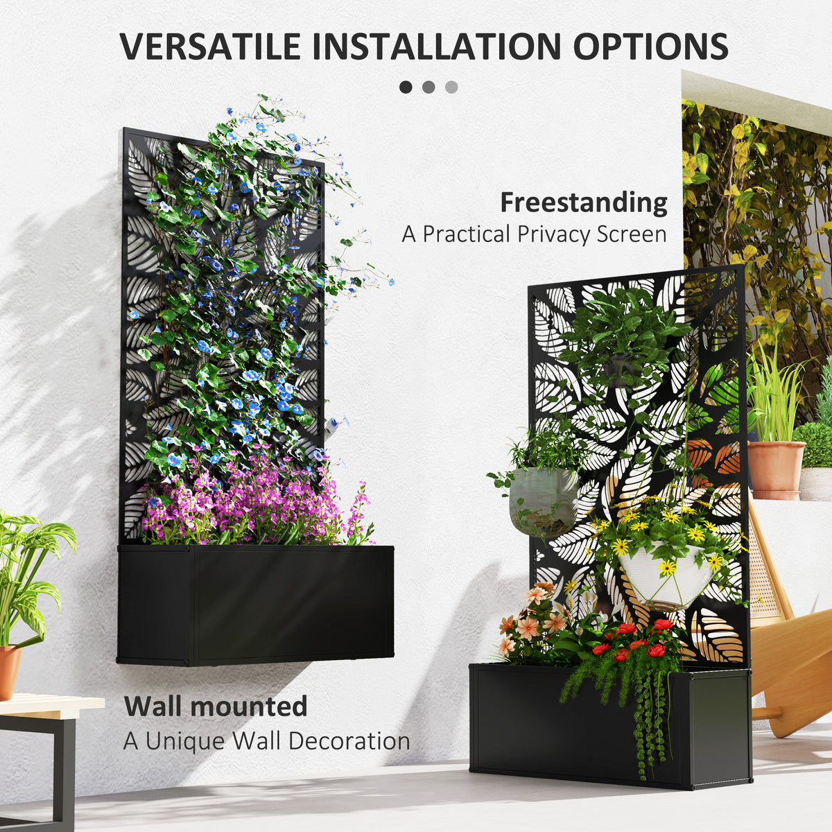 Outsunny Metal Raised Garden Bed with Leaf Trellis, 61 x 23 x 113cm – Wall-Mounted or Freestanding, Black