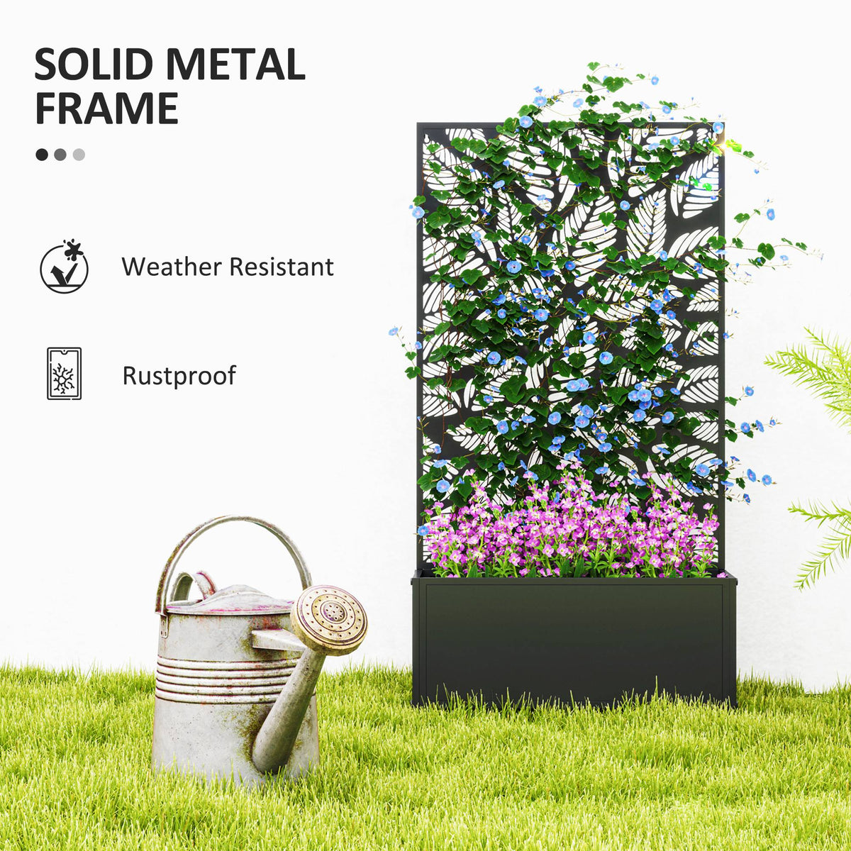 Outsunny Metal Raised Garden Bed with Leaf Trellis, 61 x 23 x 113cm – Wall-Mounted or Freestanding, Black