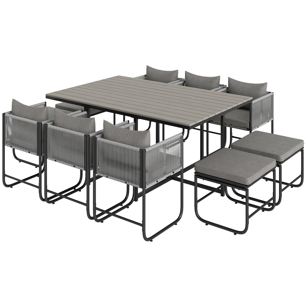 Outsunny 6-Piece Rattan Dining Set with Tuck-Under Chairs & Footstools, Padded Cushions – Grey