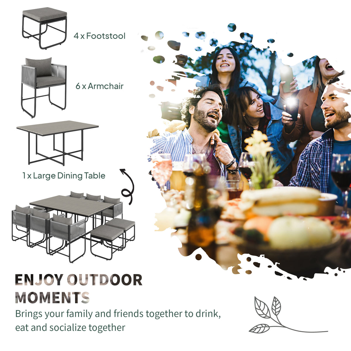 Outsunny 6-Piece Rattan Dining Set with Tuck-Under Chairs & Footstools, Padded Cushions – Grey
