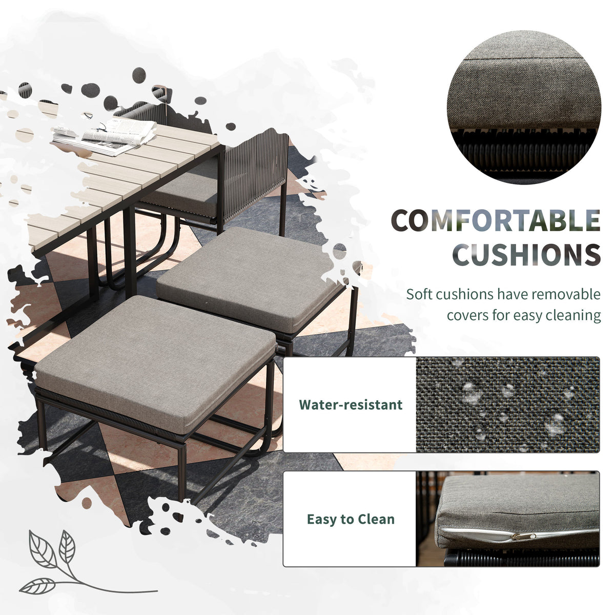 Outsunny 6-Piece Rattan Dining Set with Tuck-Under Chairs & Footstools, Padded Cushions – Grey