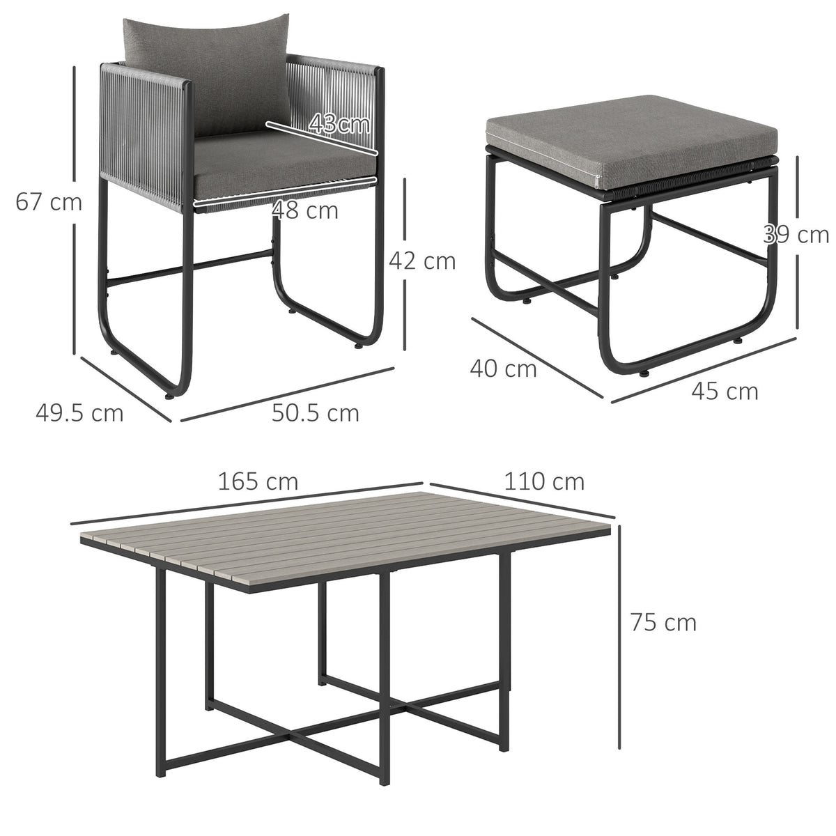 Outsunny 6-Piece Rattan Dining Set with Tuck-Under Chairs & Footstools, Padded Cushions – Grey
