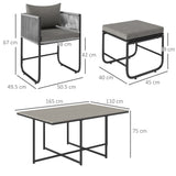 Outsunny 6-Piece Rattan Dining Set with Tuck-Under Chairs & Footstools, Padded Cushions – Grey