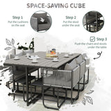 Outsunny 6-Piece Rattan Dining Set with Tuck-Under Chairs & Footstools, Padded Cushions – Grey