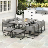 Outsunny 6-Piece Rattan Dining Set with Tuck-Under Chairs & Footstools, Padded Cushions – Grey