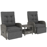 Outsunny 3-Piece Rattan Bistro Set with Reclining Armchairs & 2-Tier Table – Garden Patio Furniture, Grey