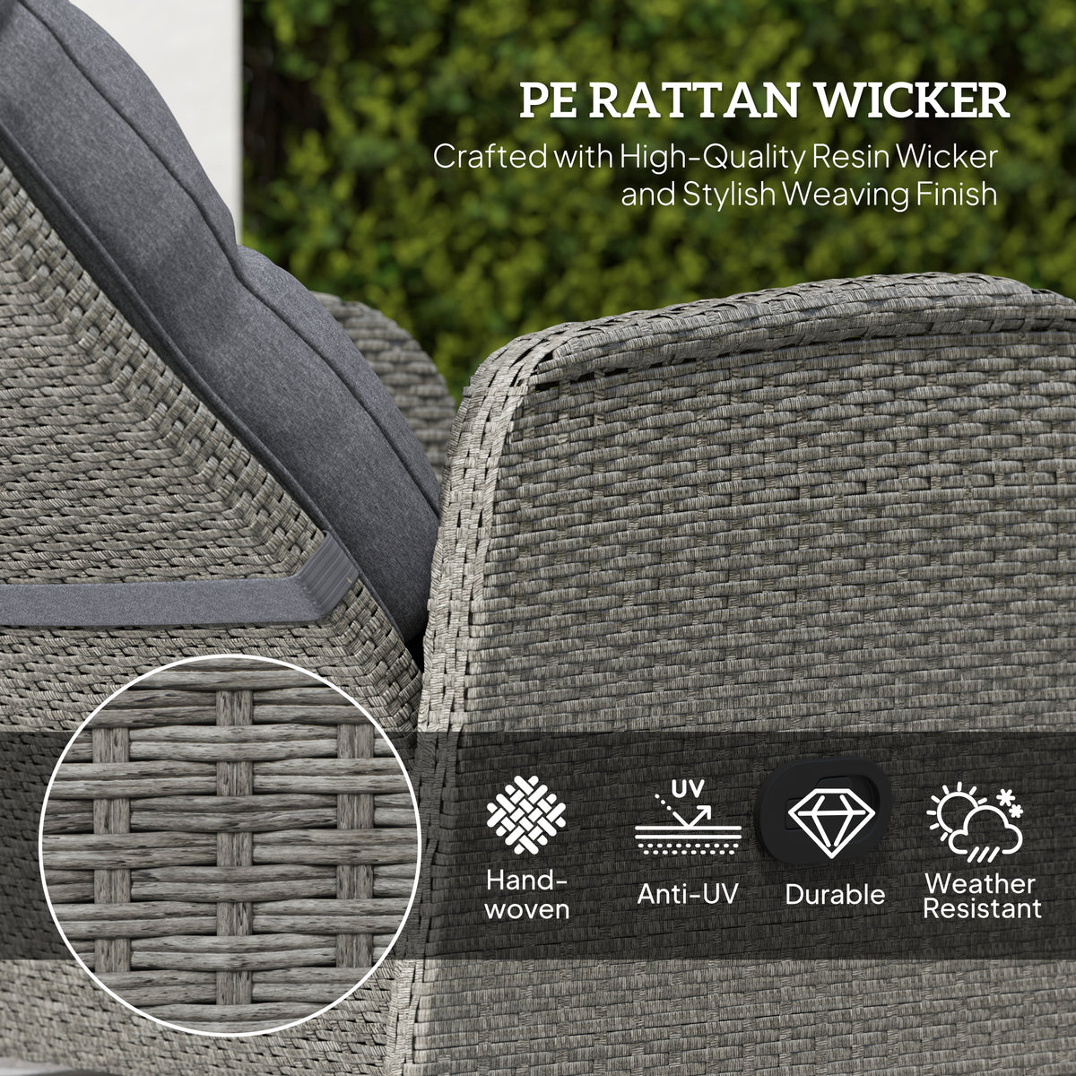Outsunny 3-Piece Rattan Bistro Set with Reclining Armchairs & 2-Tier Table – Garden Patio Furniture, Grey