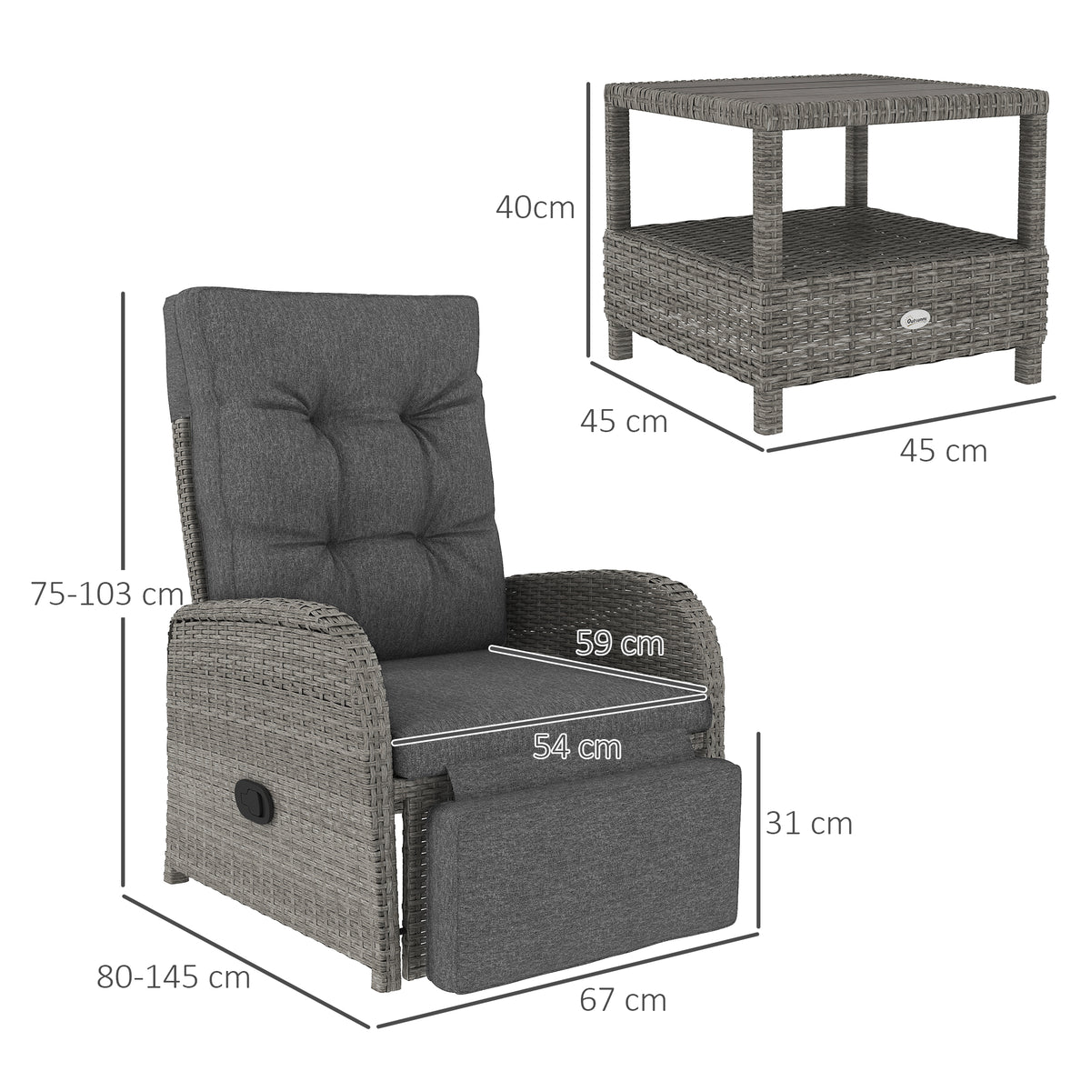 Outsunny 3-Piece Rattan Bistro Set with Reclining Armchairs & 2-Tier Table – Garden Patio Furniture, Grey