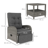 Outsunny 3-Piece Rattan Bistro Set with Reclining Armchairs & 2-Tier Table – Garden Patio Furniture, Grey