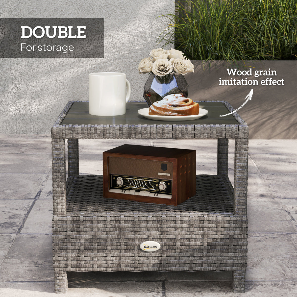 Outsunny 3-Piece Rattan Bistro Set with Reclining Armchairs & 2-Tier Table – Garden Patio Furniture, Grey