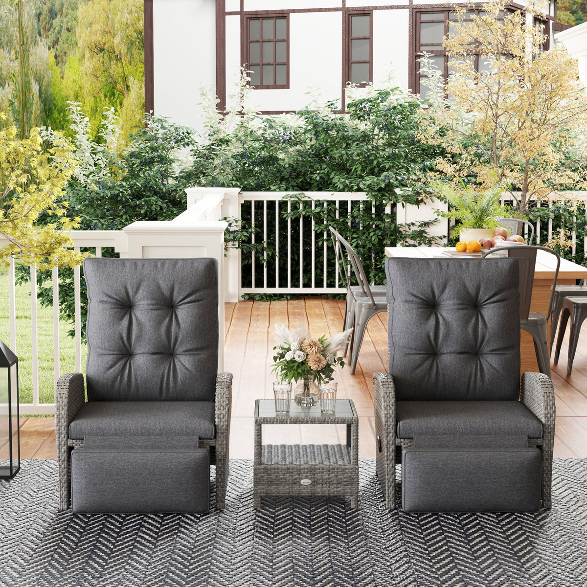 Outsunny 3-Piece Rattan Bistro Set with Reclining Armchairs & 2-Tier Table – Garden Patio Furniture, Grey